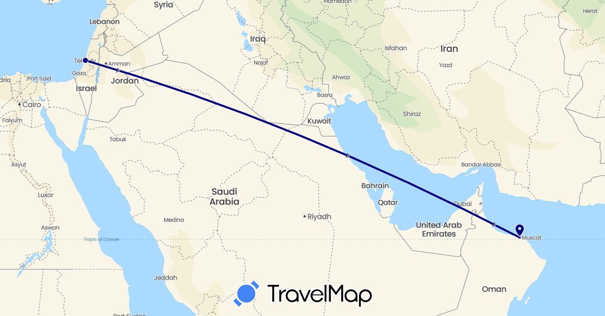 TravelMap itinerary: driving in Israel, Oman (Asia)